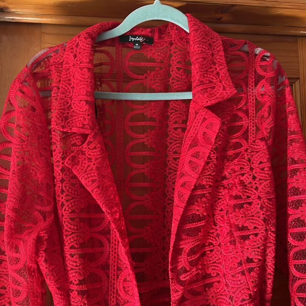RED SHEER LACE DUSTER JACKET - Picture 2 of 7